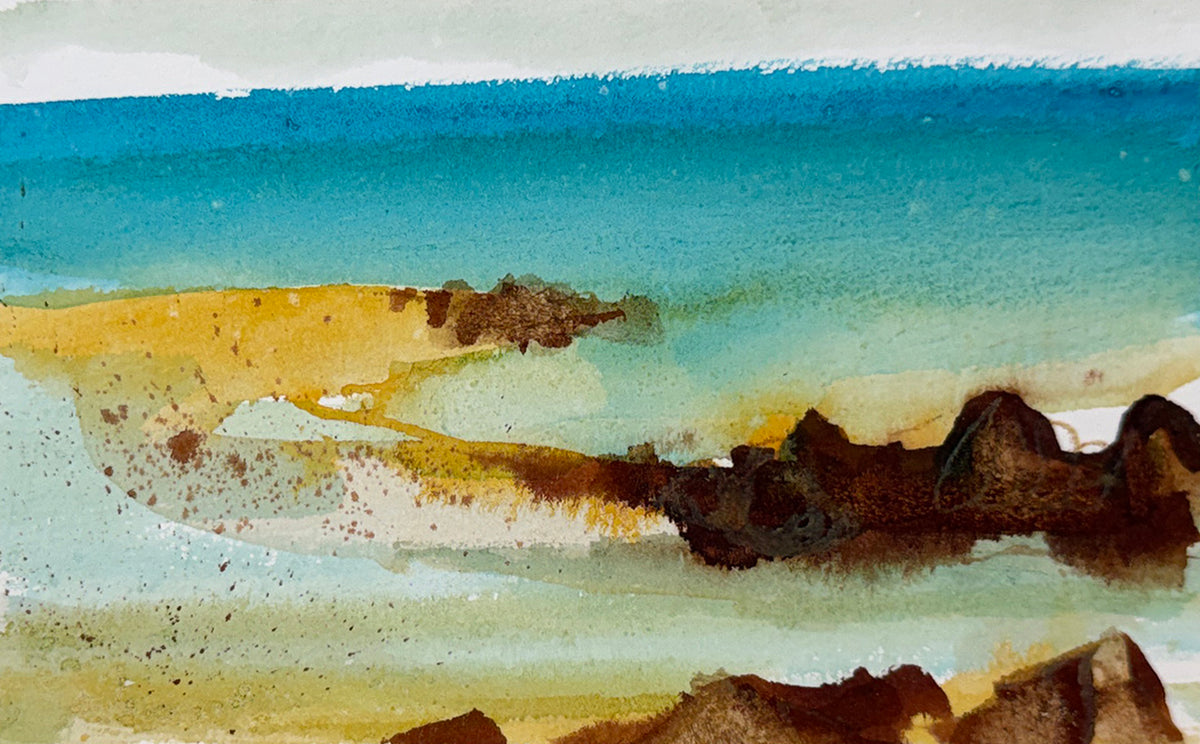 Abstract watercolor landscape painting with layered blue water, sandy yellow shorelines, and dark brown rocky forms.