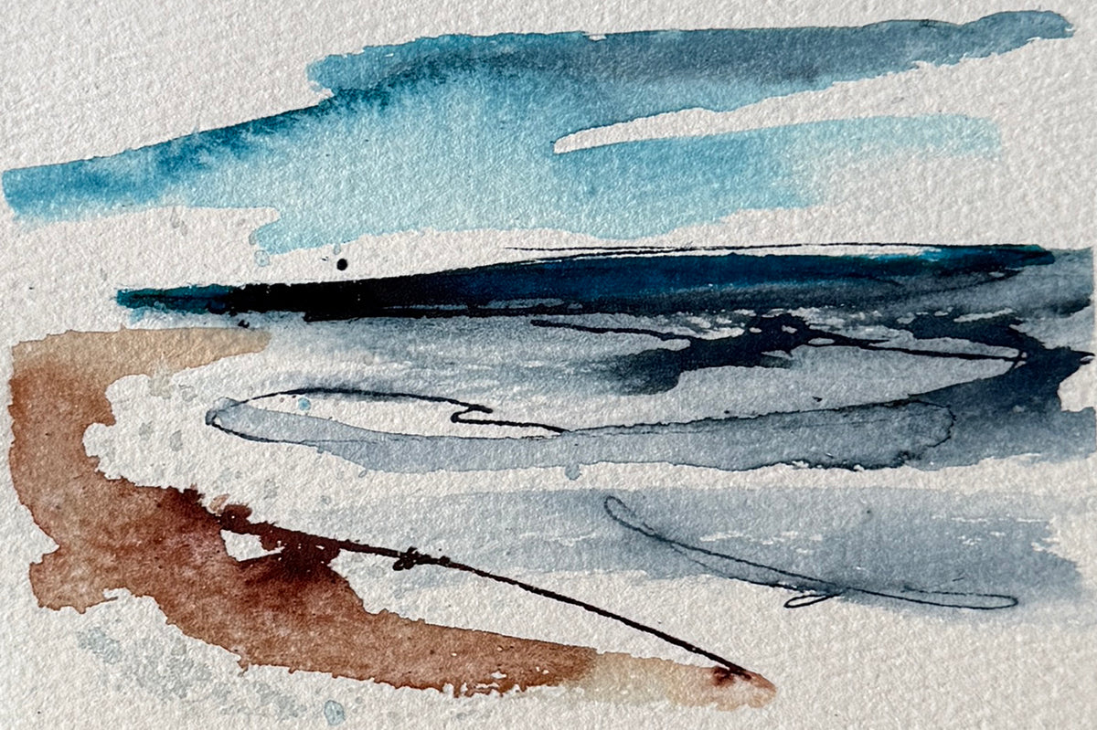 Abstract watercolor painting with sweeping strokes of blue, navy, gray, and brown on textured off-white paper.