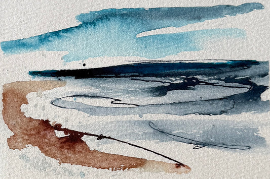 Abstract watercolor painting with sweeping strokes of blue, navy, gray, and brown on textured off-white paper.