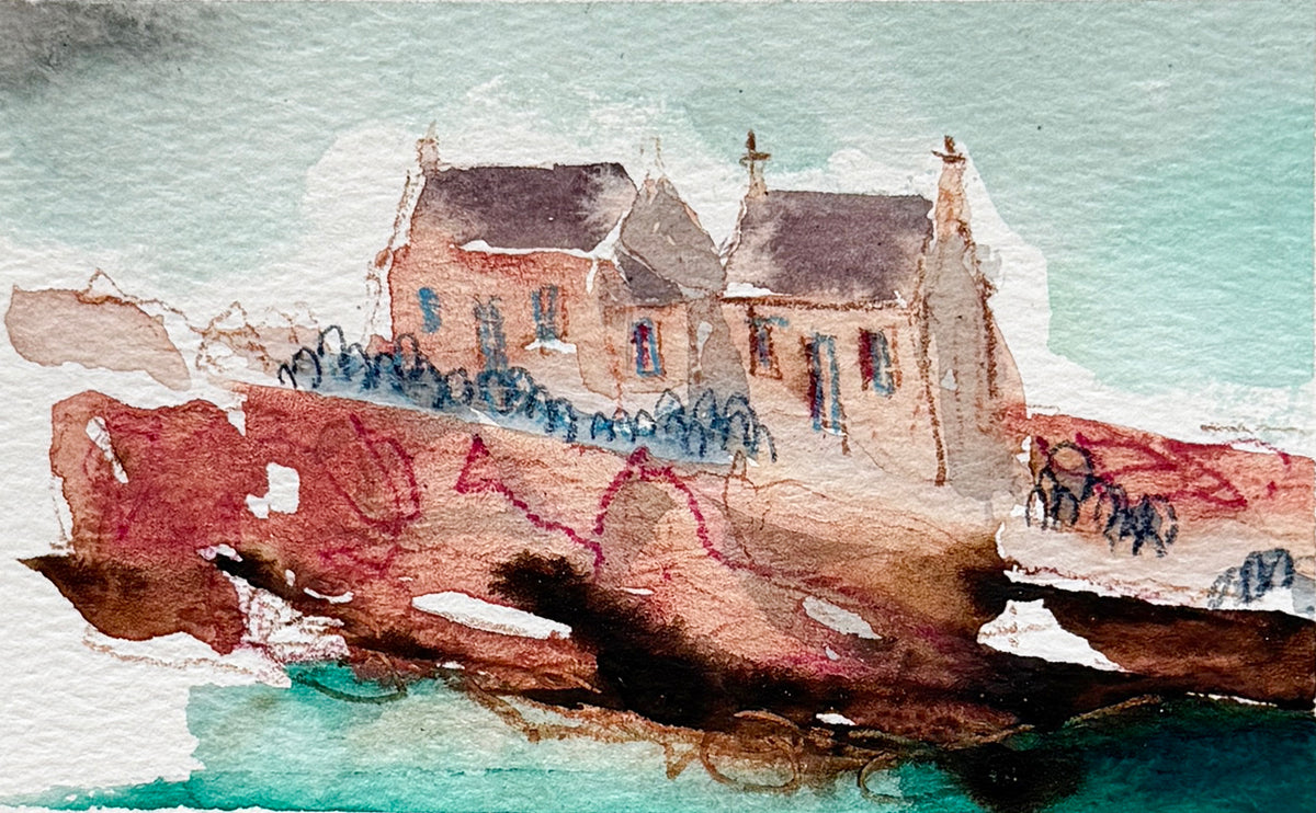 Watercolor painting of a coastal house with rocky shoreline and turquoise water, rendered in soft earthy tones and blue-green washes.