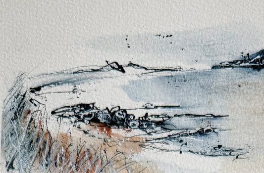 A textured watercolor and ink landscape painting featuring a shoreline with sparse trees and grasses, rendered in muted blue, gray, black, and warm brown tones on a white paper background.