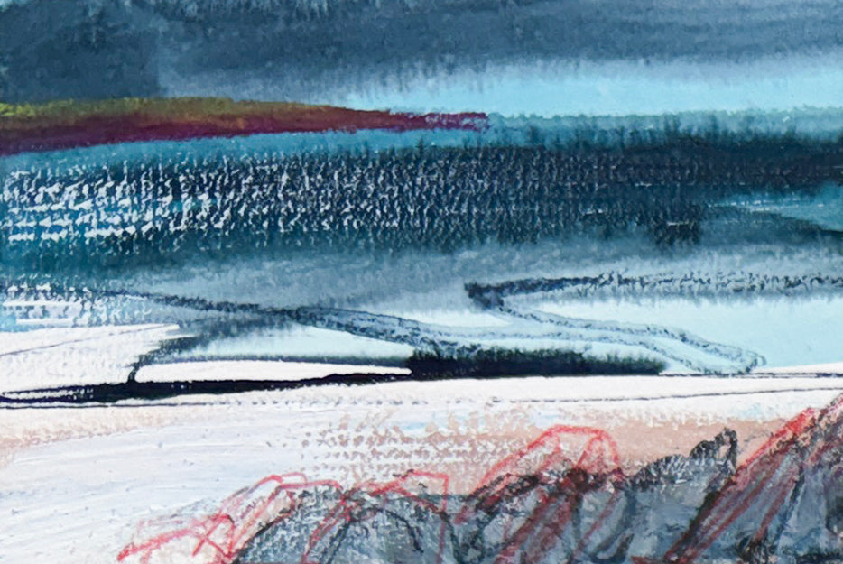 Abstract landscape painting featuring textured horizontal bands of deep blue, teal, white, black, and red brushstrokes.