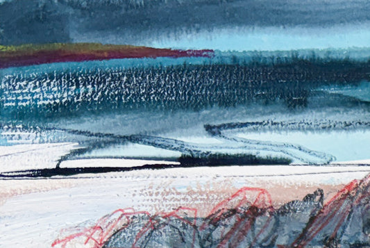 Abstract landscape painting featuring textured horizontal bands of deep blue, teal, white, black, and red brushstrokes.