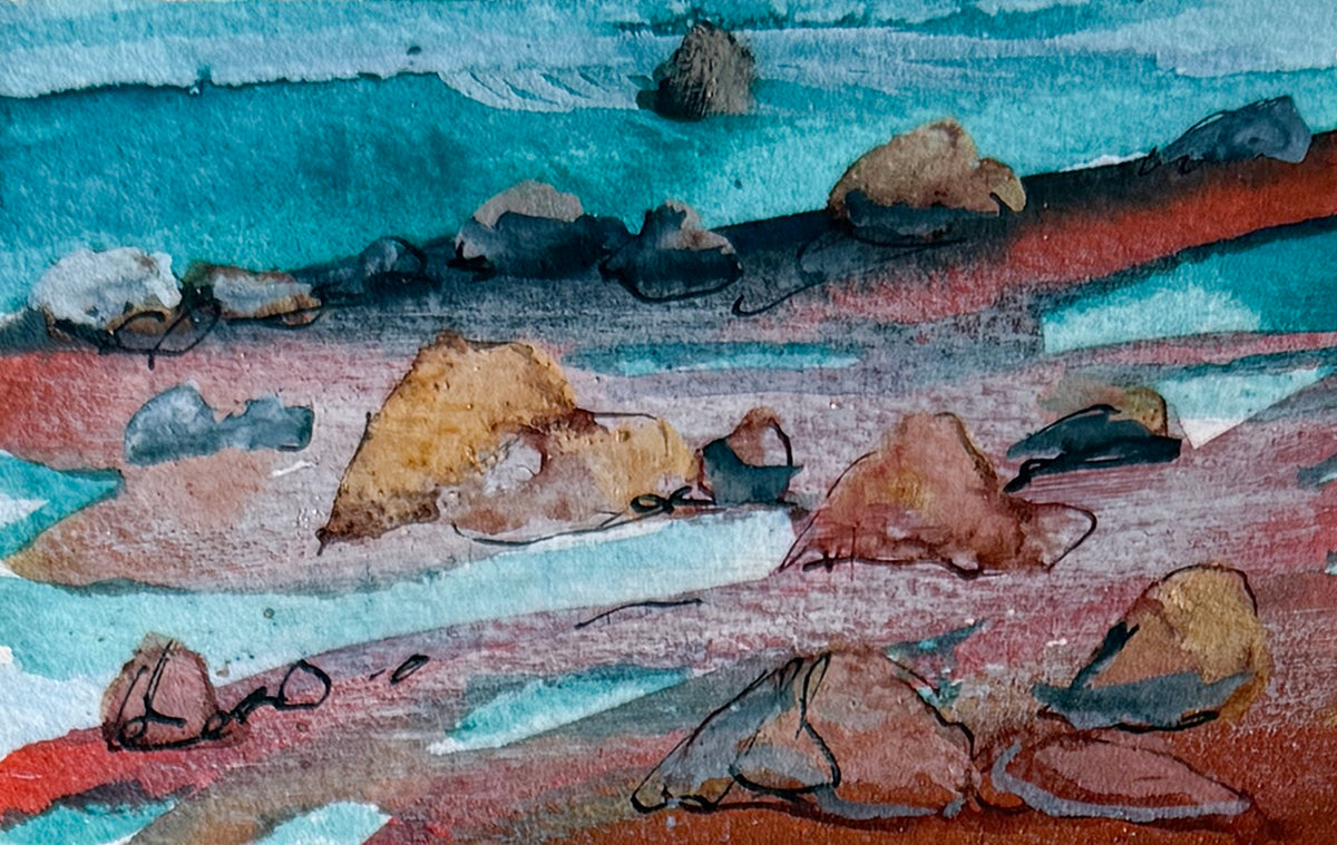 Abstract coastal landscape artwork with turquoise water, reddish-brown shoreline, and scattered rocks in black, gray, tan, and rust tones.