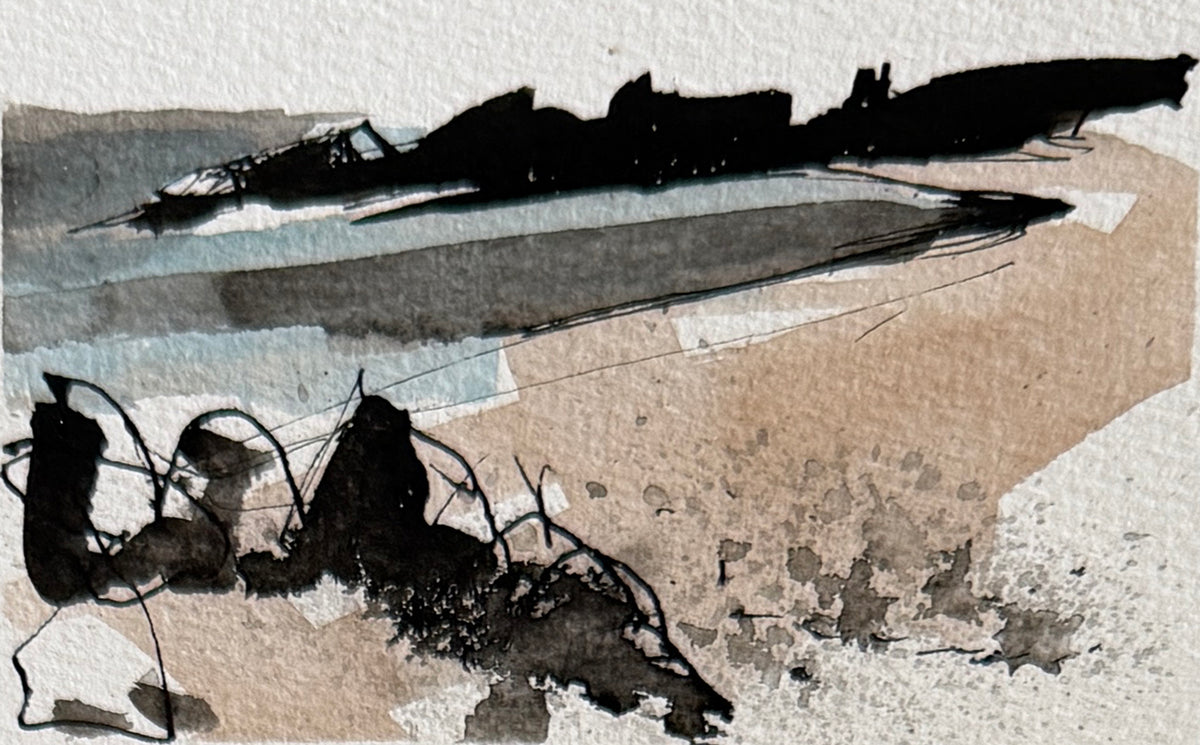 Abstract watercolor painting with bold black brushstrokes, gray washes, and a warm beige textured field on a white paper background.