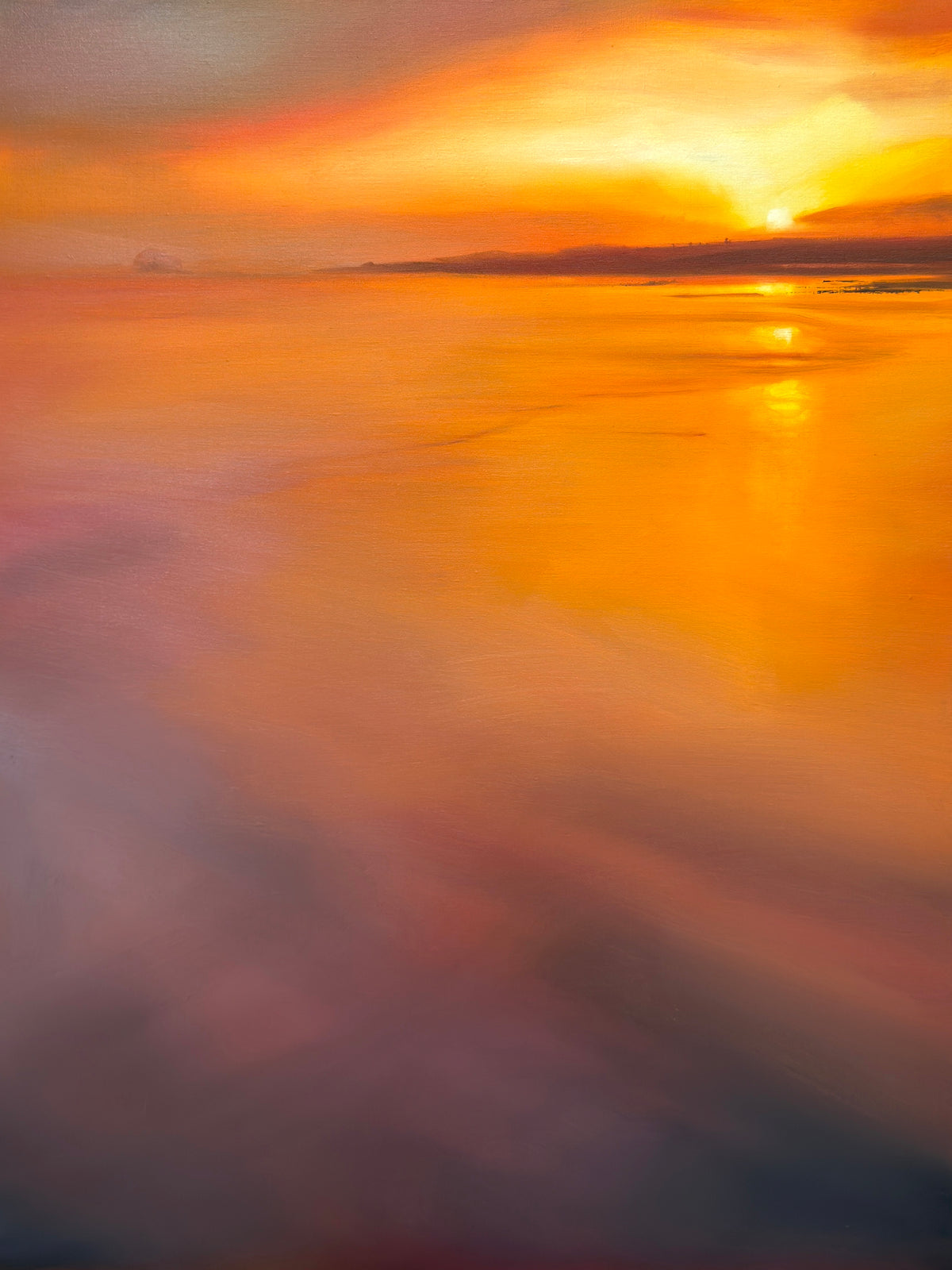 Abstract landscape painting of a sunset over water, featuring vibrant gradients of orange, yellow, pink, and purple reflecting across the horizon.