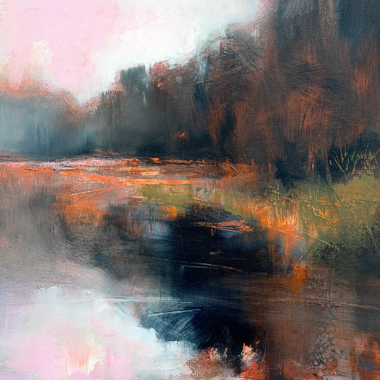 Abstract painting with a landscape of trees and water