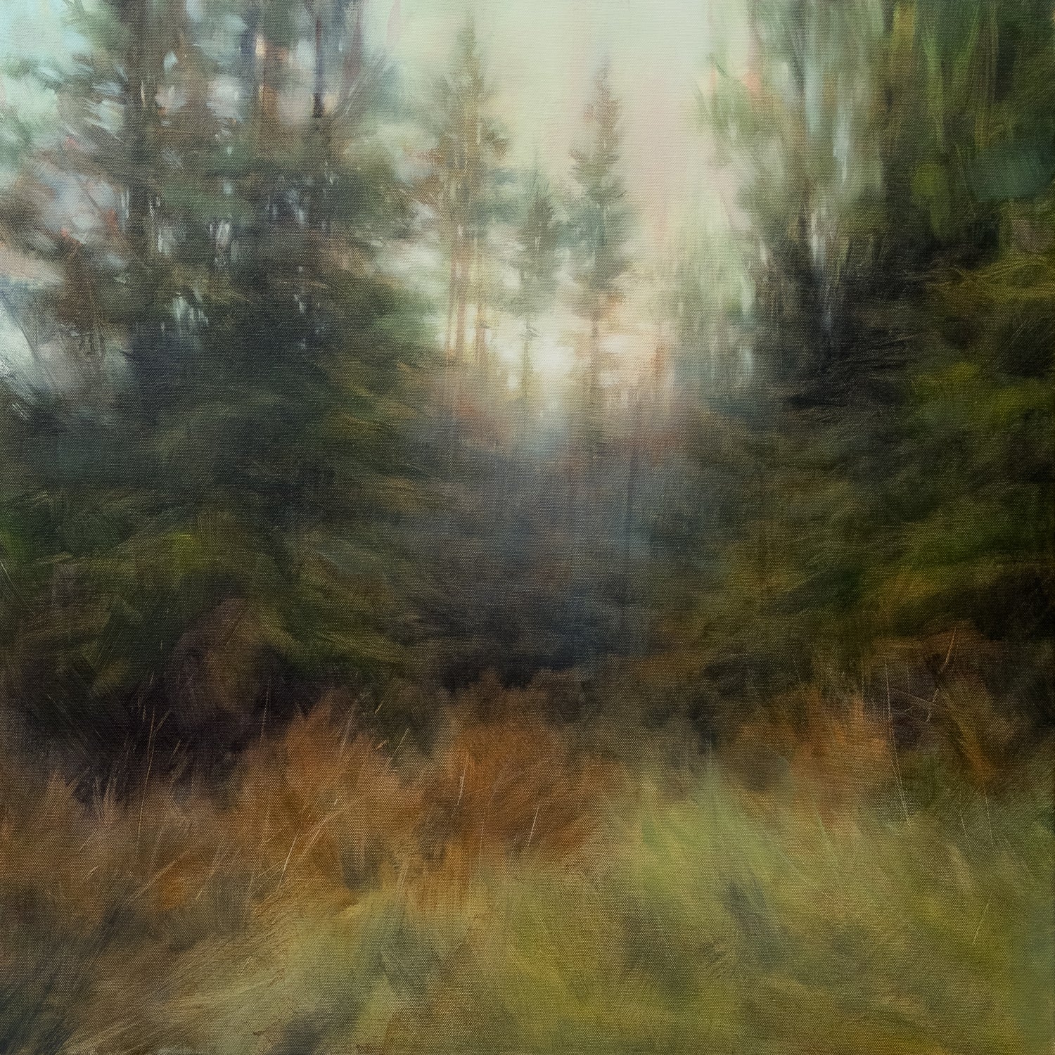 Forest scene with sunlight filtering through trees, painting style