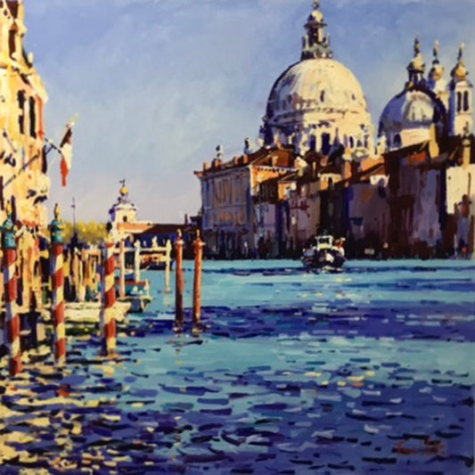 Landscape painting - oil on board by Tom Watt, featuring a landscape of the Grand Canal in Venice, 79x79cm.