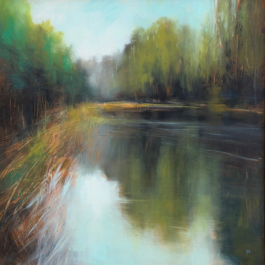 Painting of a serene lake surrounded by trees and grass