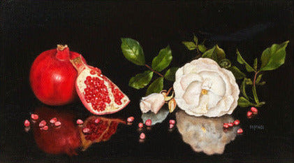 Framed still life painting with flowers and pomegranates on a textured wall.