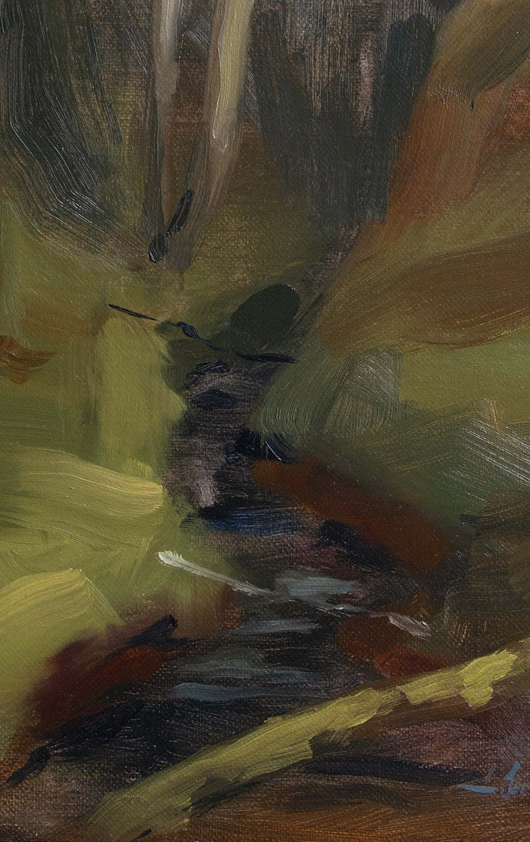 An abstract oil painting depicting a forest scene with a stream, rendered in expressive brushstrokes of olive green, brown, black, and yellow.
