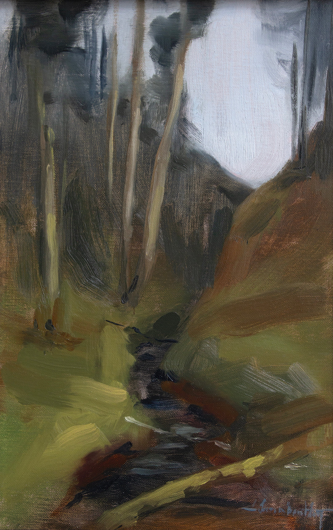 An impressionistic landscape painting depicting a forest scene with tall tree trunks, a stream, and earthy hills in muted greens, browns, grays, and off-white tones.
