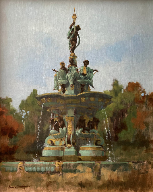 A painting of Ross Fountain with classical sculptures in a park setting
