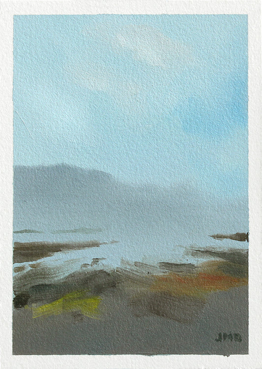 Abstract oil painting of a landscape with a blue sky and earthy tones.