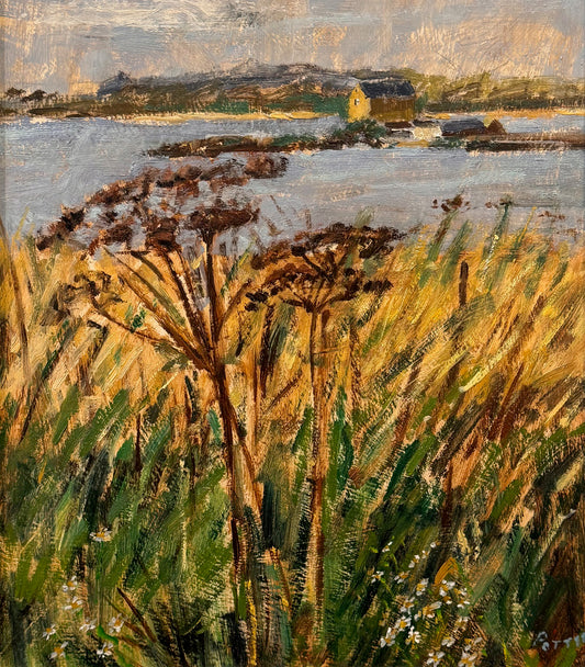 Painting of tall grasses with a distant landscape