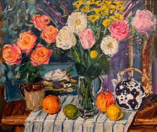 Still life painting with flowers, fruits, and a teapot on a table.
