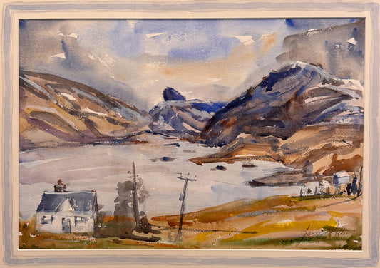 A painting showing Loch Glenn Dubh with water, hilles in the background, and a small white house in the foreground.