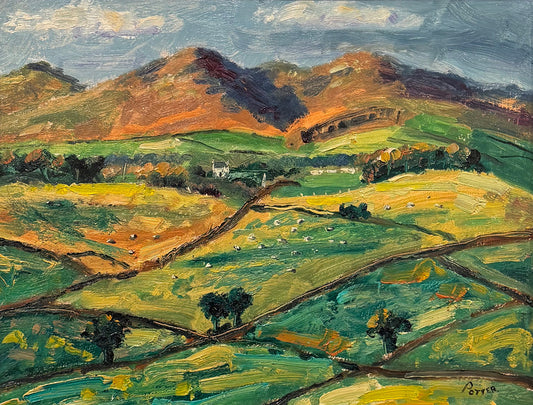 Painting of a landscape with rolling hills and fields.