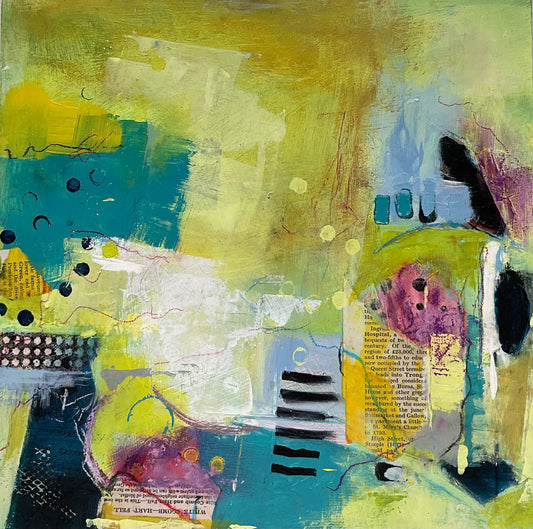 Abstract artwork with a mix of colors and textures