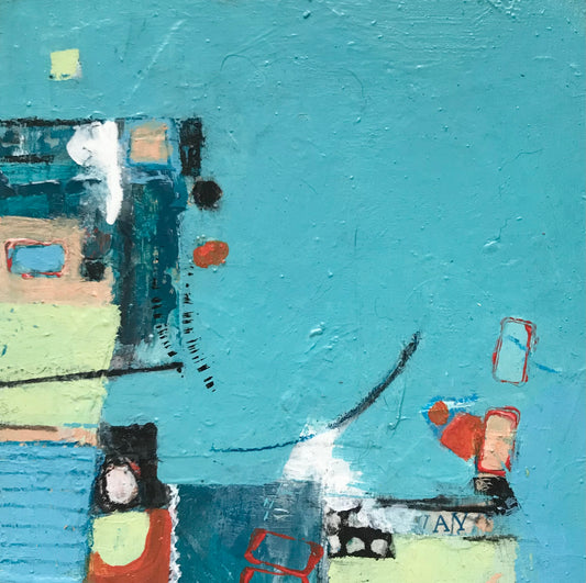 Abstract artwork with geometric shapes and colors on a blue background