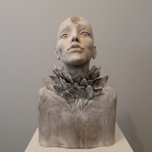 Ceramic bust with floral detail on a neutral background