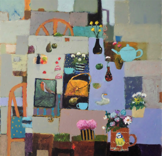 Collage of various objects including a teapot, flowers, and a chair in a colorful setting.