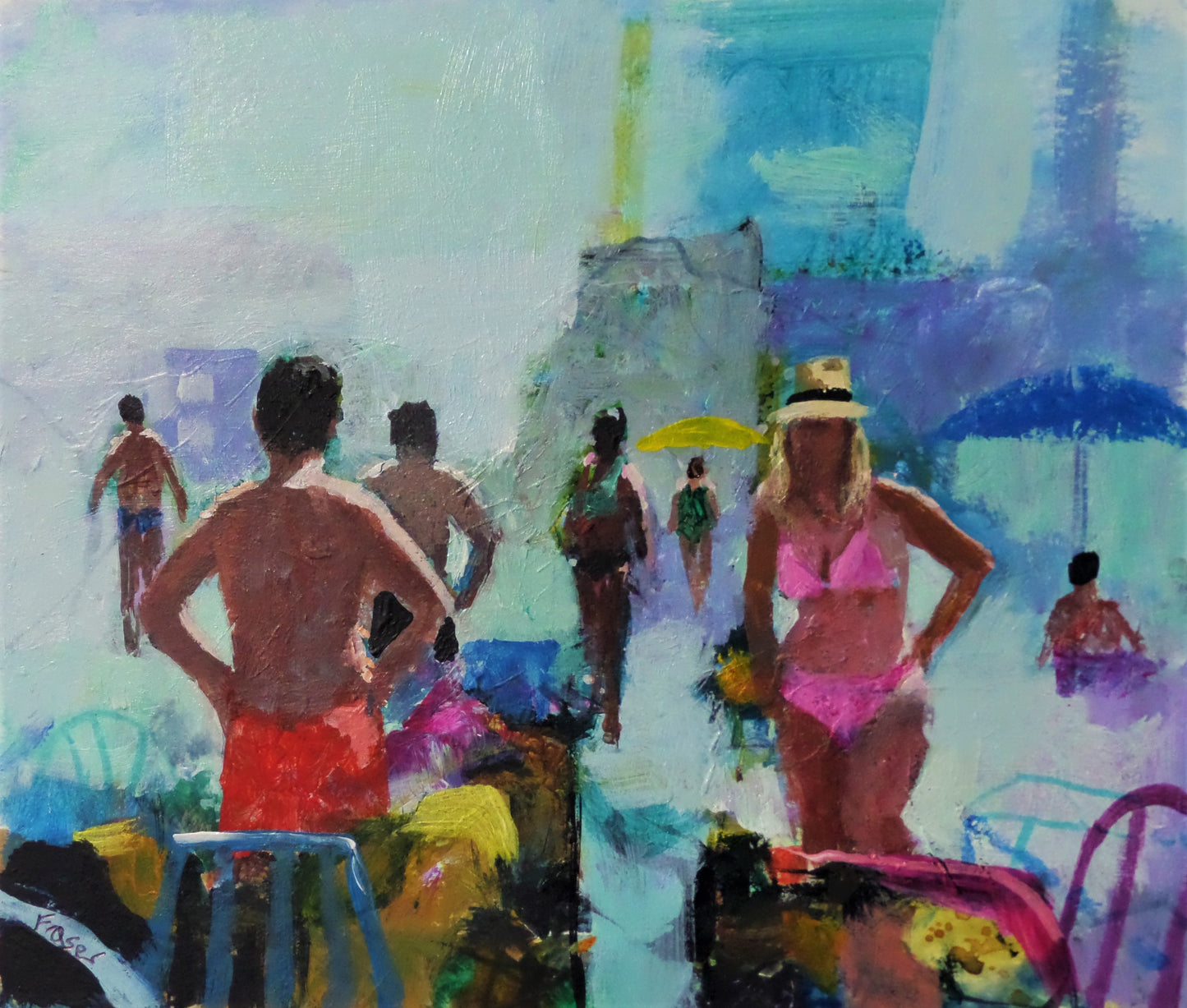 Colorful painting of a beach scene with people in swimsuits and a woman in a pink bikini.
