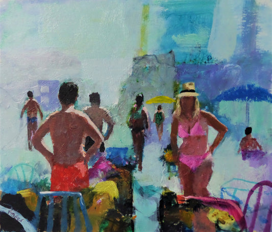 Colorful painting of a beach scene with people in swimsuits and a woman in a pink bikini.