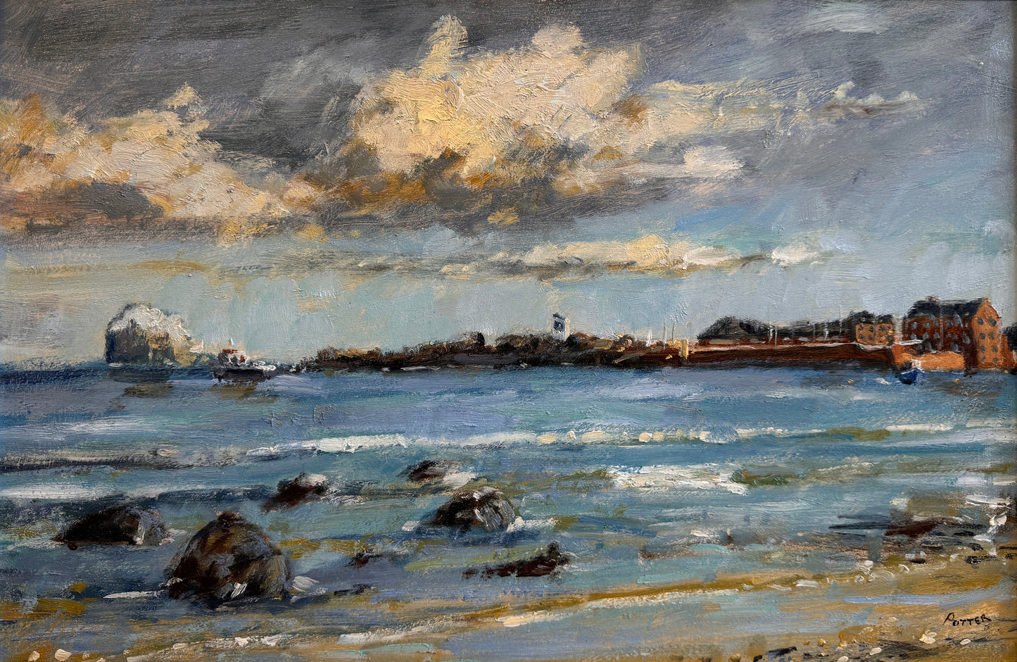 An oil painting of a coastal landscape, featuring a rocky shoreline, blue water, and dramatic clouds, housed in a light natural wood frame.