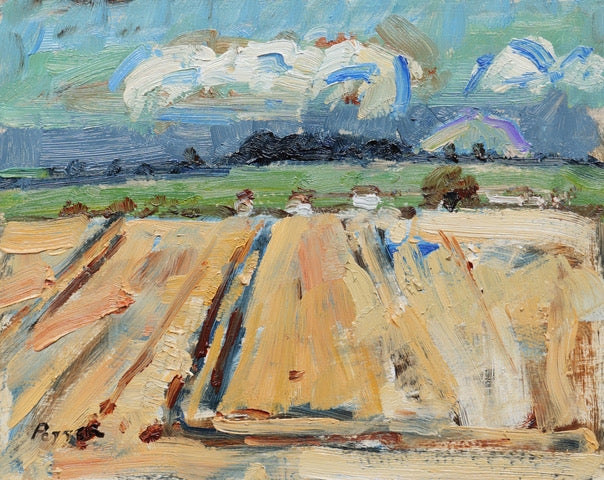An impressionistic oil painting of a rural landscape, featuring a plowed field in the foreground with golden-brown and beige brushstrokes, green fields, dark tree silhouettes, and a blue and white sky.