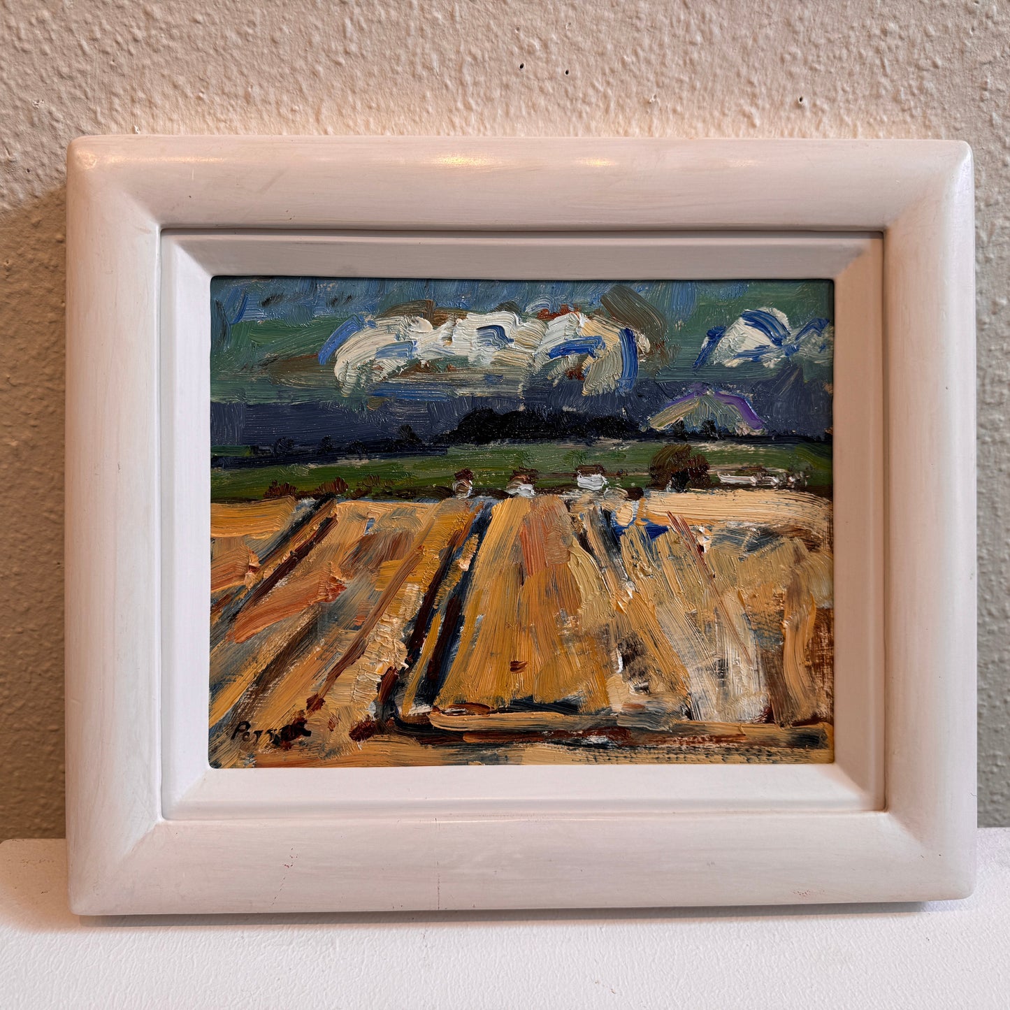 A framed landscape oil painting featuring a golden-brown field under a dramatic cloudy sky, housed in a white wooden frame and displayed against a textured beige wall.