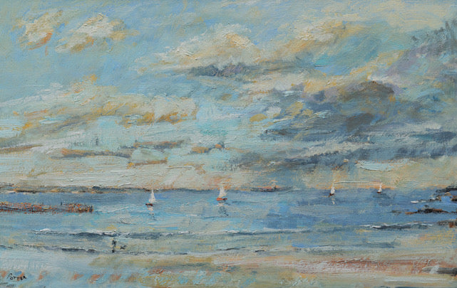 An impressionistic oil painting of a coastal seascape with sailboats on blue water under a cloudy sky with soft beige and gray tones.