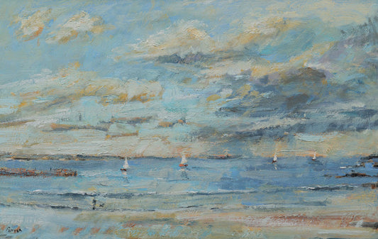 An impressionistic oil painting of a coastal seascape with sailboats on blue water under a cloudy sky with soft beige and gray tones.