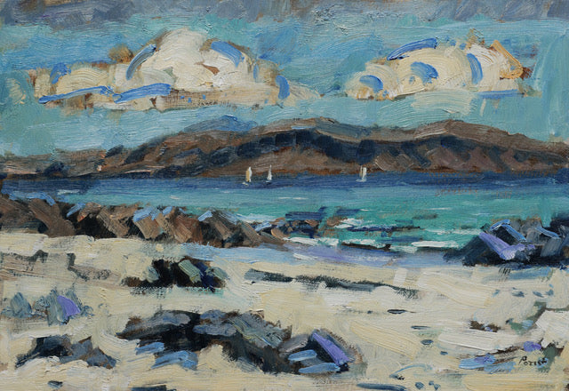 An impressionistic painting of a coastal beach scene with sandy foreground, dark rocky shoreline, turquoise water, distant hills, and dramatic blue-and-white clouds.