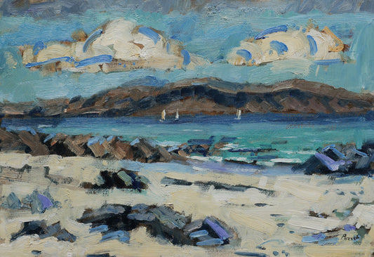 An impressionistic painting of a coastal beach scene with sandy foreground, dark rocky shoreline, turquoise water, distant hills, and dramatic blue-and-white clouds.