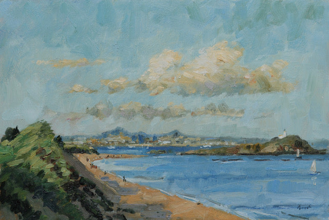 An impressionist-style landscape painting of a coastal scene with blue water, sandy beach, green cliffs, distant hills, and a cloudy sky.