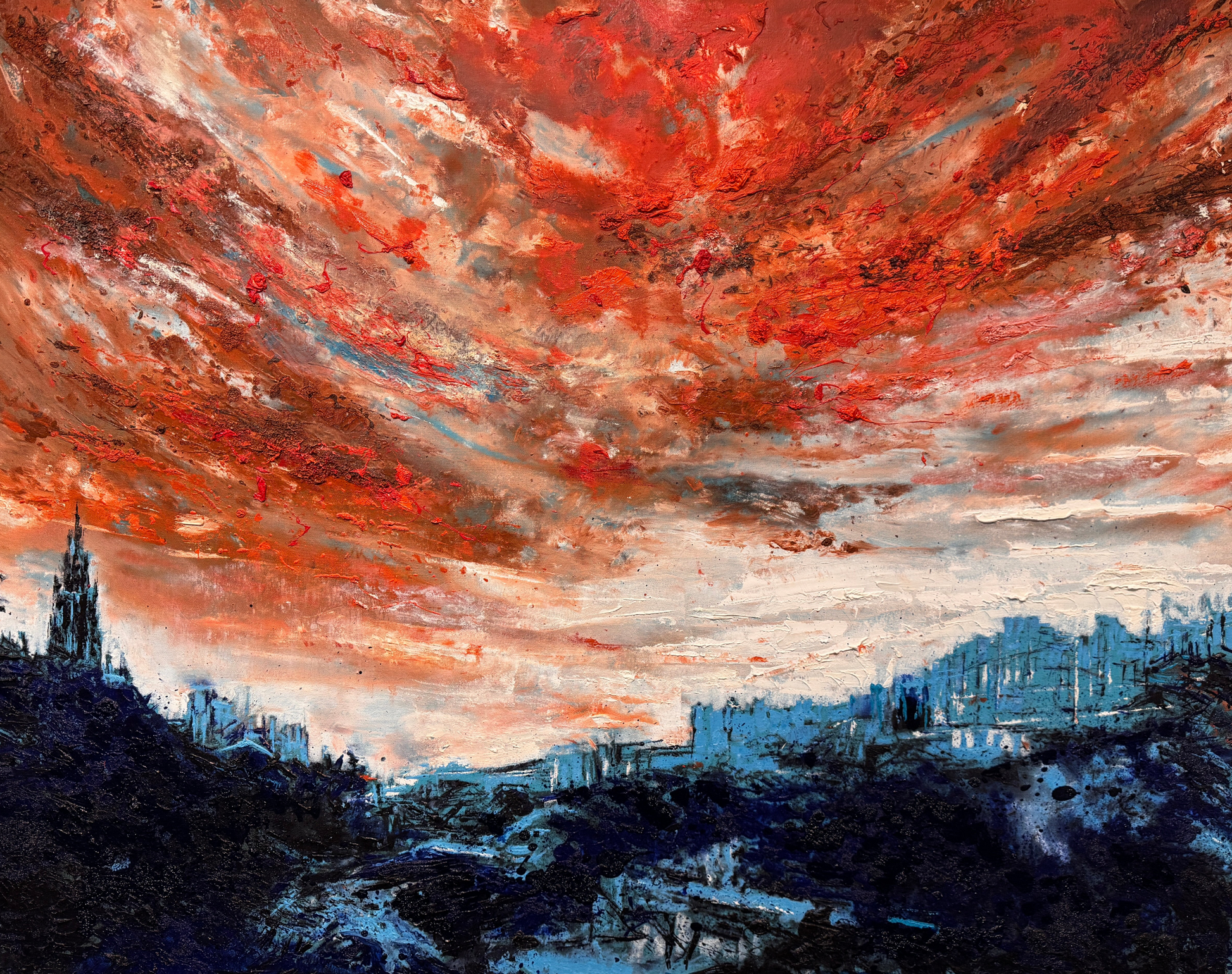 Artistic depiction of an Edinburgh cityscape with a dramatic red and orange sky