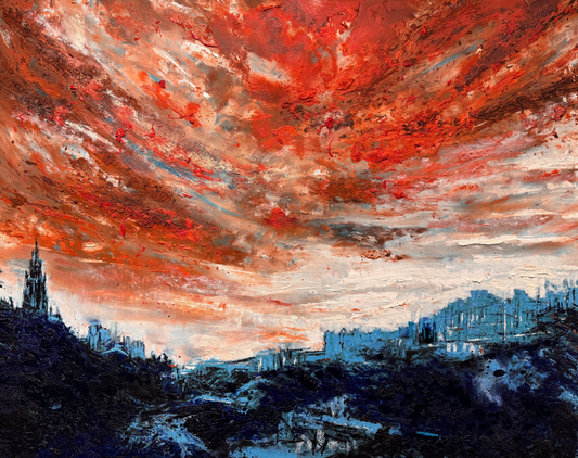 Artistic depiction of an Edinburgh cityscape with a dramatic red and orange sky
