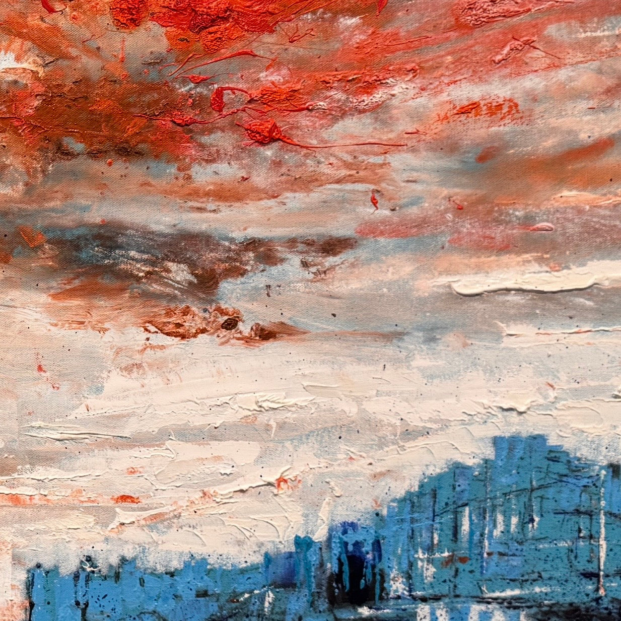 Abstract painting with red, blue, and gray colors