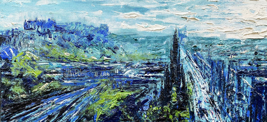 Painting of a landscape with a castle and a tall tower, using blue and green tones.