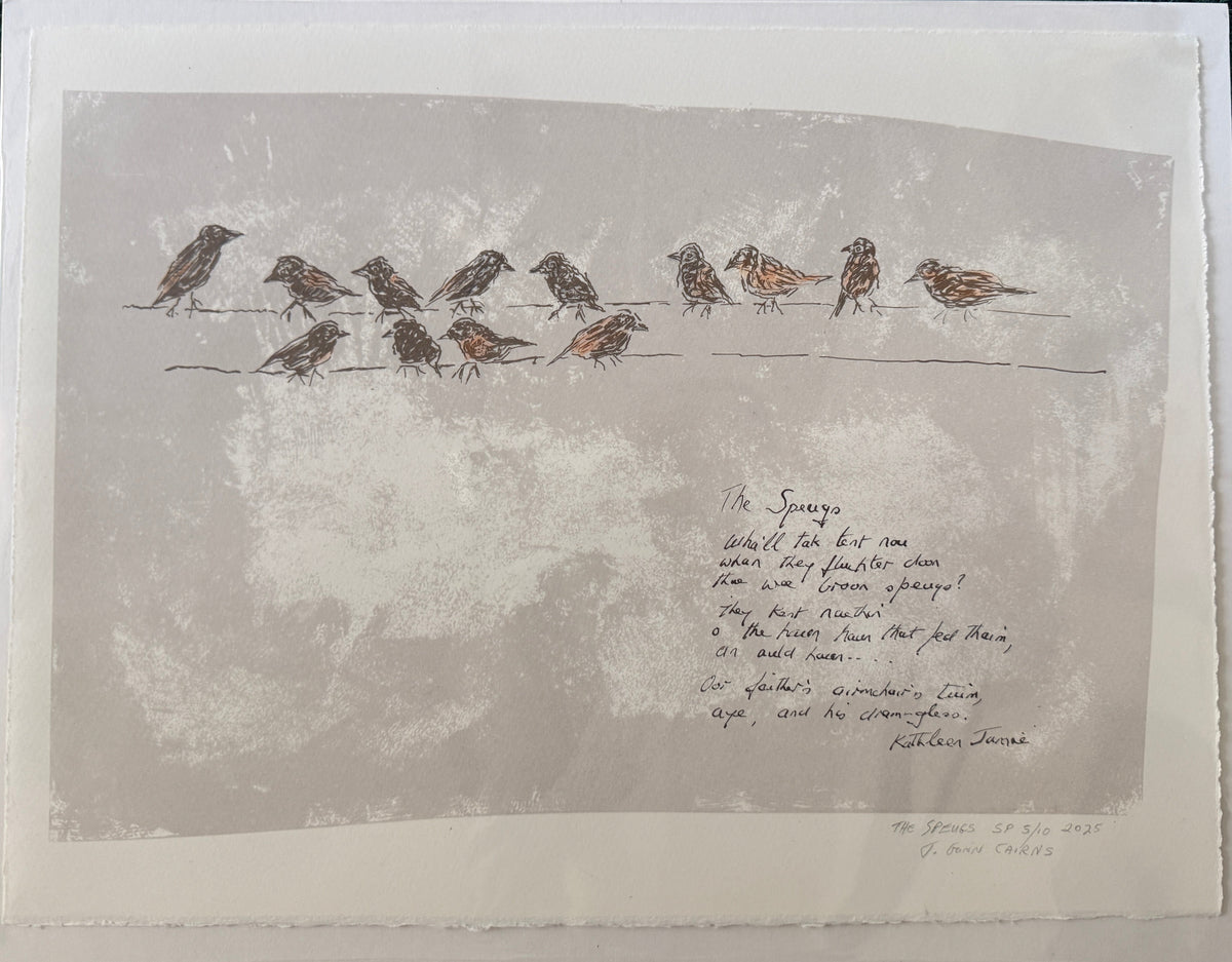 A square art print featuring a sketch of small birds perched on a wire on the left, with handwritten text on the right, displayed on a dark green textured fabric background.