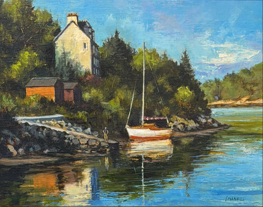 Framed painting of a serene lakeside scene with a house and sailboat.