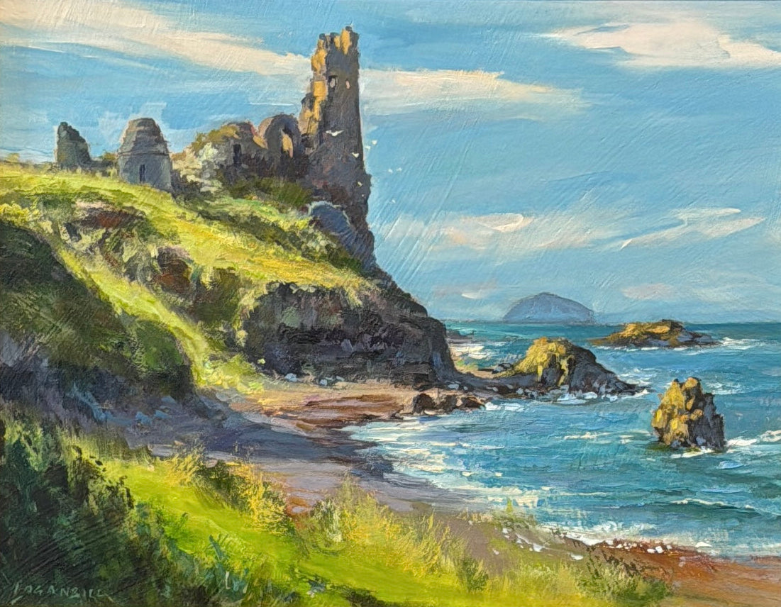 Painting of coastal scene with ruins and ocean