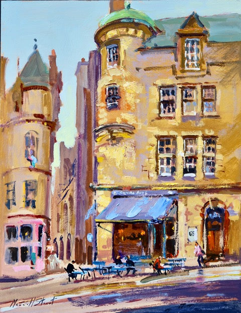 Painting of a city street with buildings, people, and a tram.