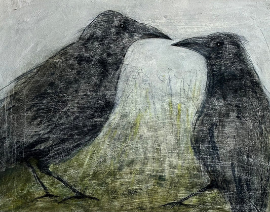 a delicate painting of two crows sitting opposite each other in grass