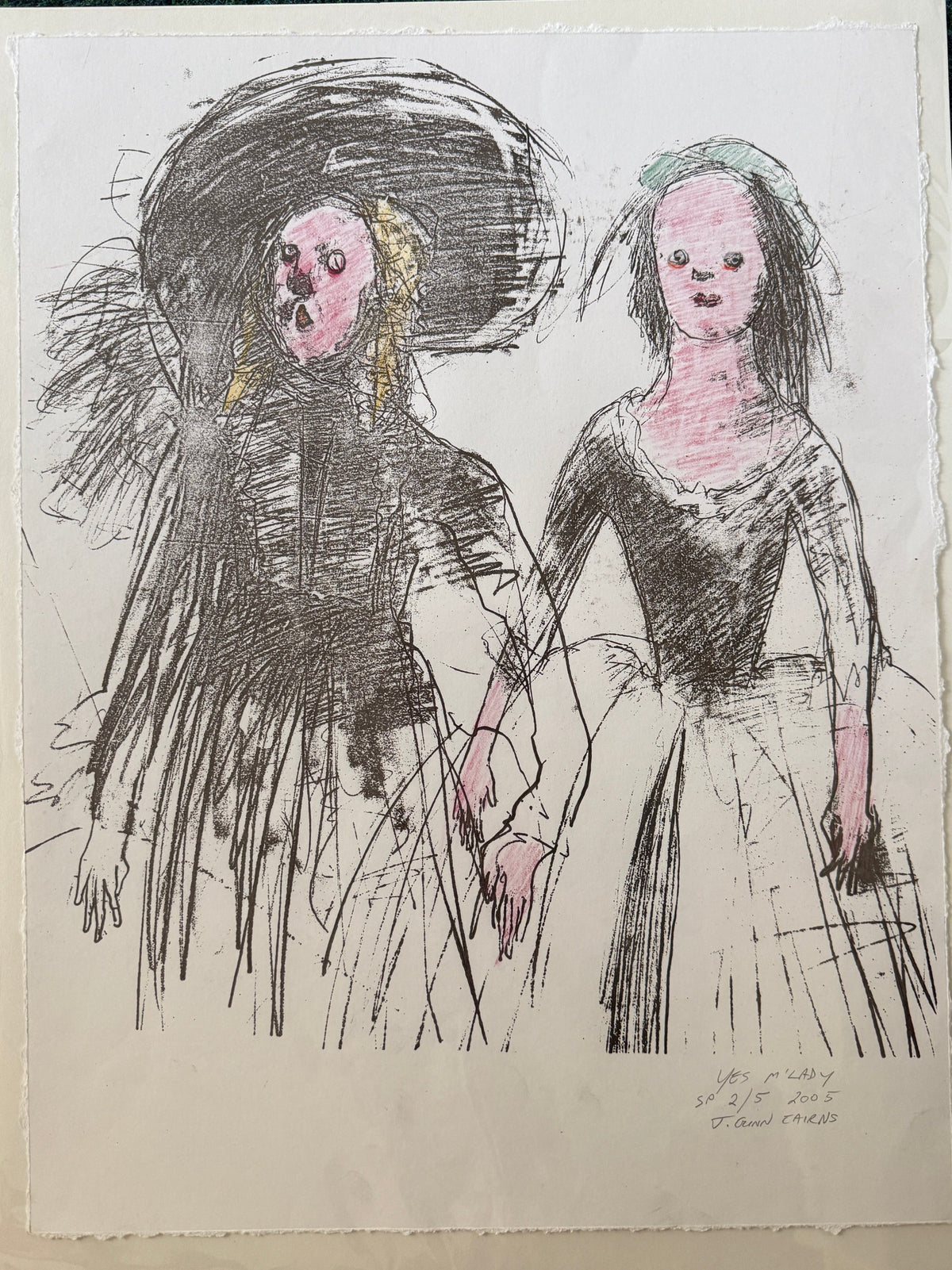 An abstract art print or drawing on textured off-white paper, featuring expressive black ink sketches of two stylized human figures with pink face areas, placed on a dark green textured background.