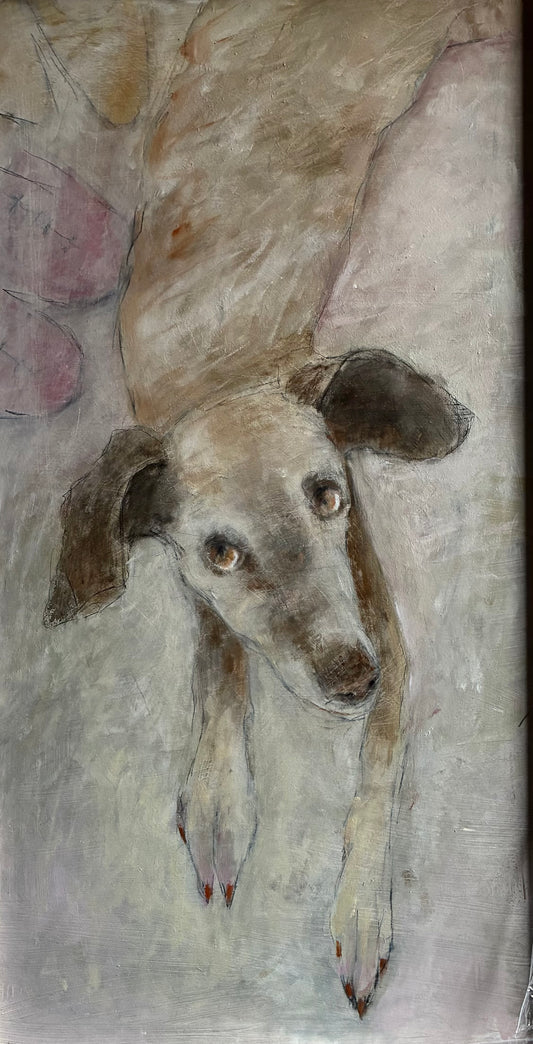 An impressionistic oil painting of a greyhound dog with a soft, textured background in muted beige, gray, and brown tones.