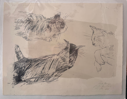 A framed monochrome sketch of three cats on aged paper, photographed indoors on a green carpeted floor.