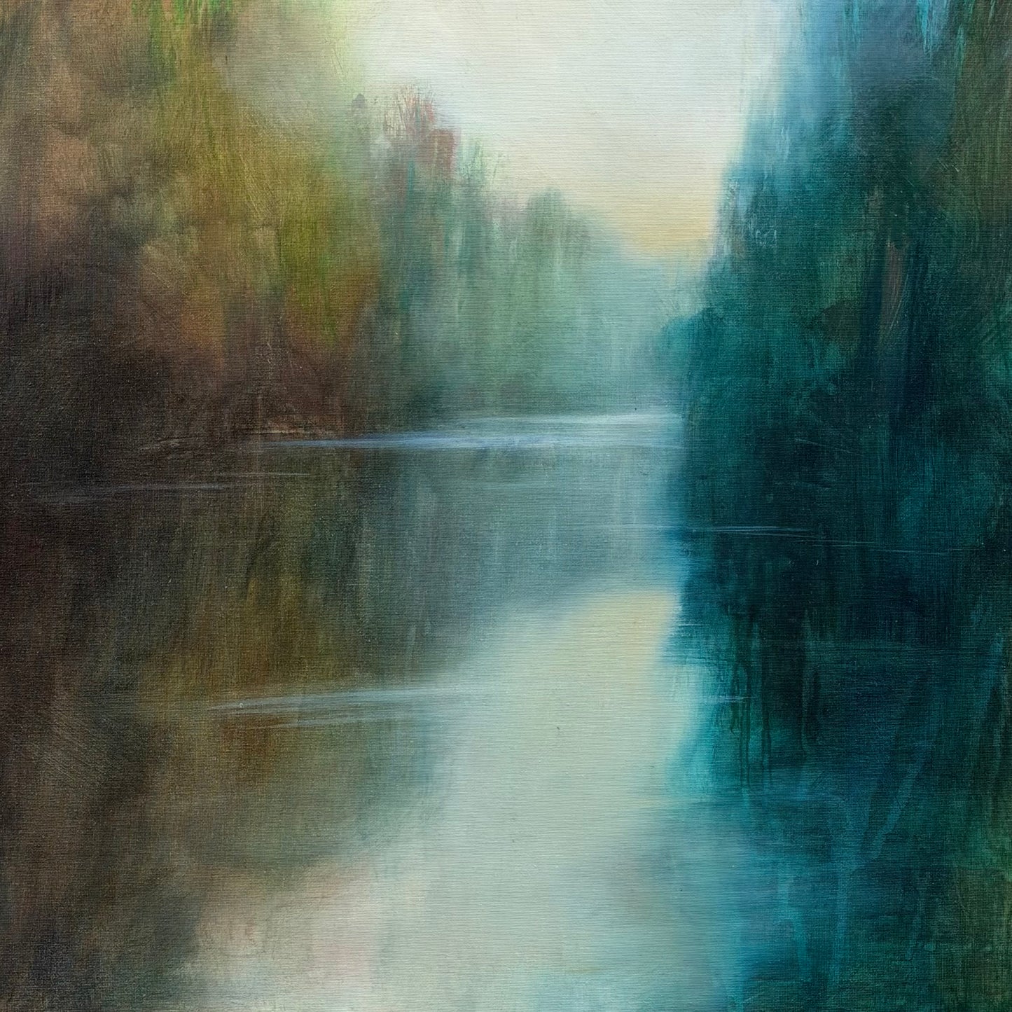 Abstract painting of a landscape with trees and water